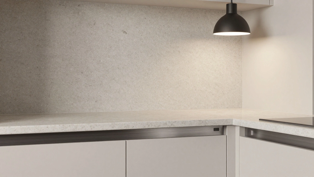 Seamless stone backsplash ending 15cm above counter, no grout, paired with warm-toned cabinetry.