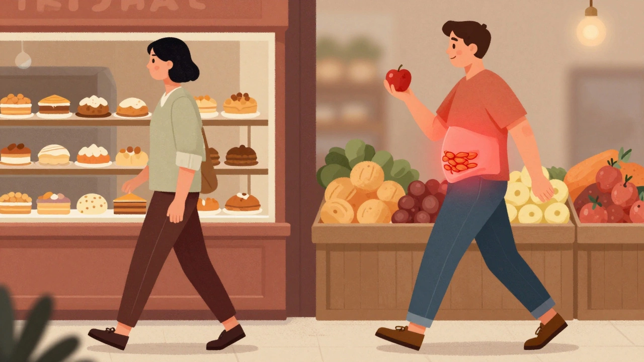 Split image showing a person replacing a pastry with fruit and nuts while walking, symbolizing better food choices.