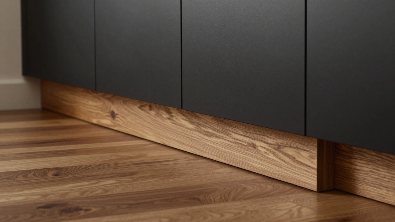 Stained oak baseboards matching walnut flooring in a warm, natural kitchen.