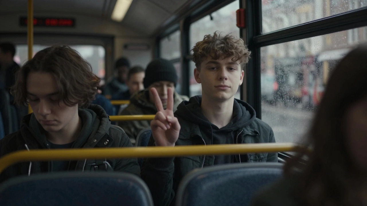 Teenager on a London bus making a subtle insulting V-sign to a classmate.