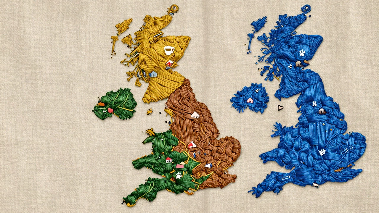 UK map as a woven tapestry with travel icons representing regional vacation spots.