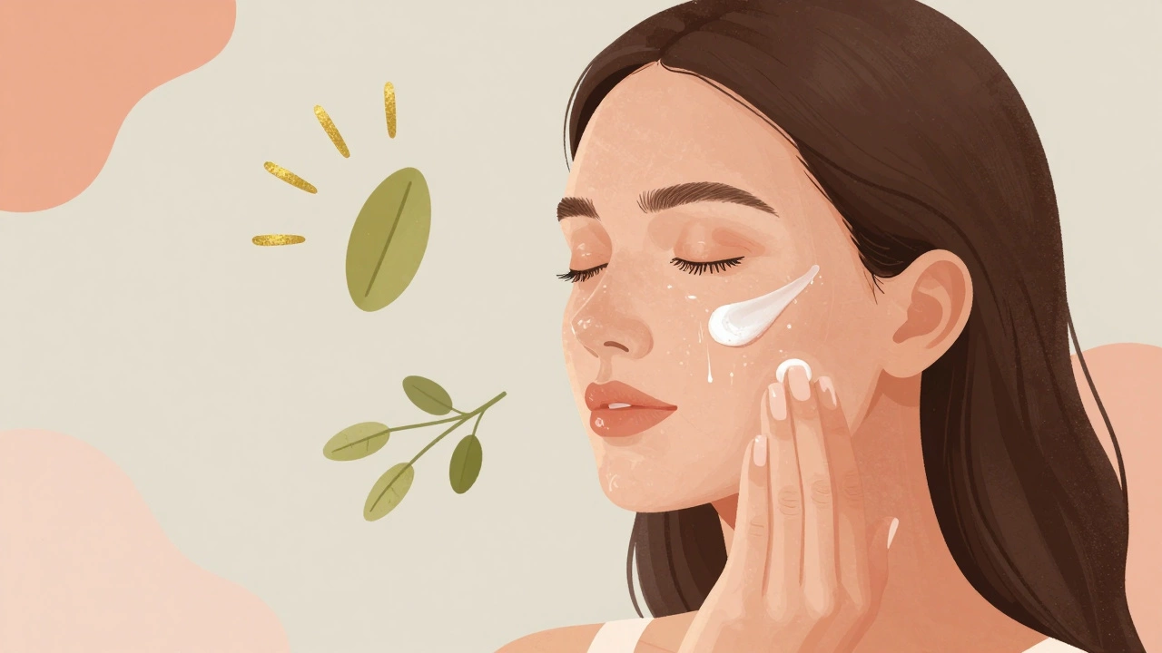 Woman applying vitamin C serum with glowing skin and antioxidant elements.