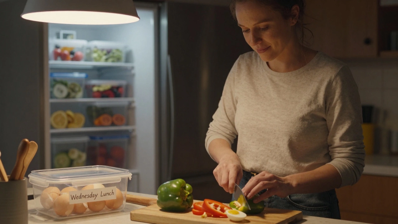 Woman chopping vegetables and hard-boiling eggs in the kitchen on Wednesday evening.