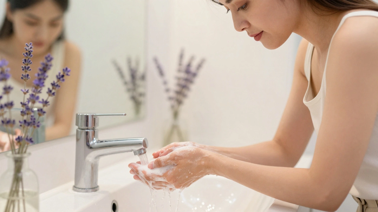 Woman washing hands mindfully, noticing water warmth and soap scent in a bathroom.