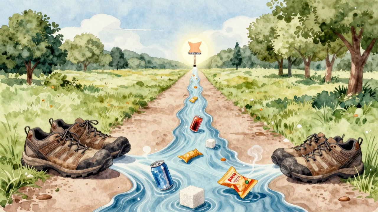 Worn walking shoes on a path that turns into a stream of dissolving unhealthy foods, leading to a shrinking waistline.