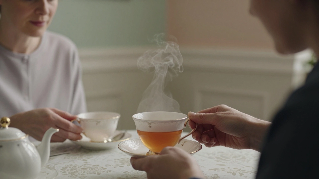 A British woman serving tea with spoon on saucer, guest nodding politely in a cozy home.