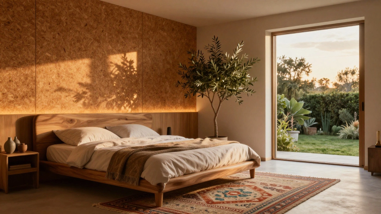 A calming bedroom with curved wooden furniture, cork walls, and soft amber lighting beside a potted olive tree.