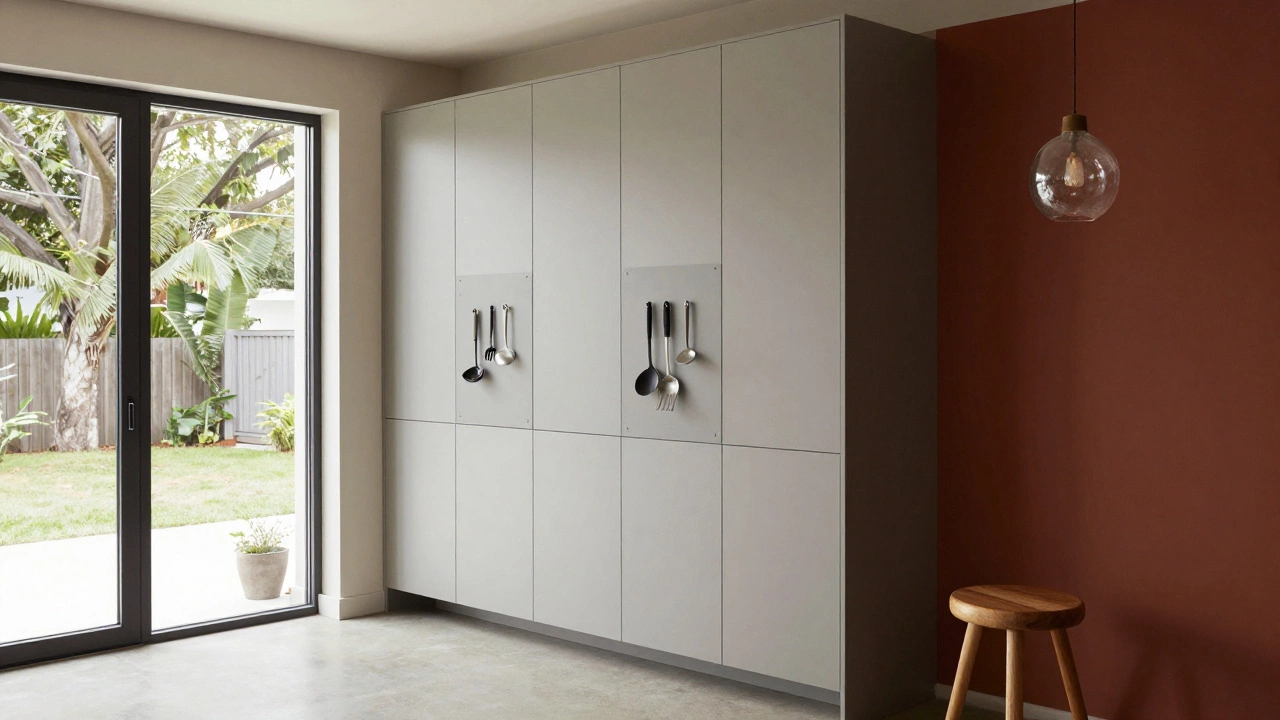A minimalist kitchen with hidden storage, a terracotta accent wall, and handmade lighting under natural sunlight.