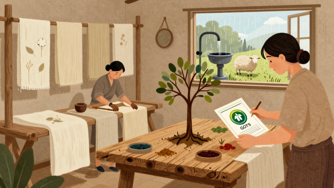 A textile workshop with organic cotton and bamboo lyocell fabrics drying, under natural light and rainwater systems.