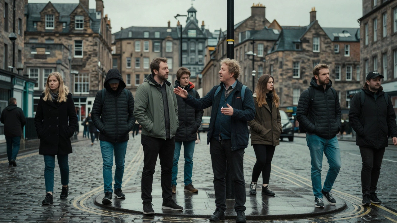 A traveler in Edinburgh making a comment about someone's accent while the person walks away, others looking away.