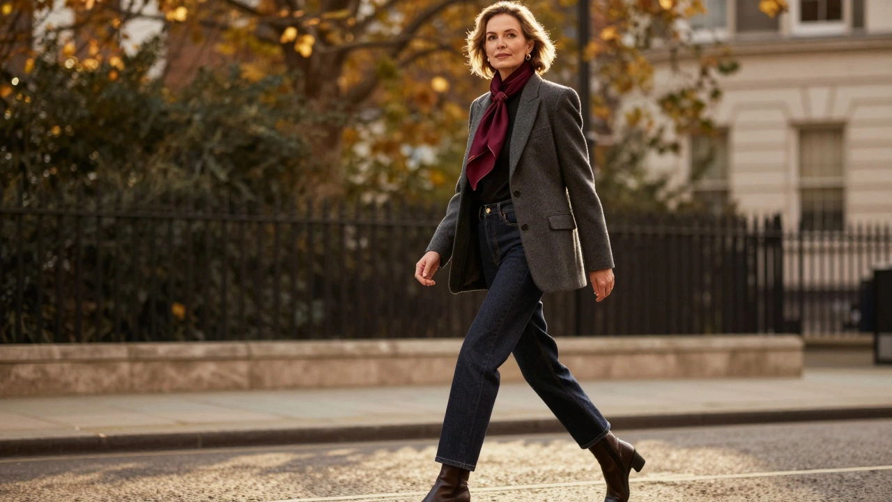A woman in her 50s walks confidently in a tailored blazer, dark jeans, and ankle boots, with a silk scarf catching the light.