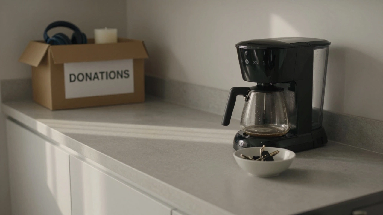 An empty kitchen counter with only a coffee maker and a key bowl, showing calm minimalism.