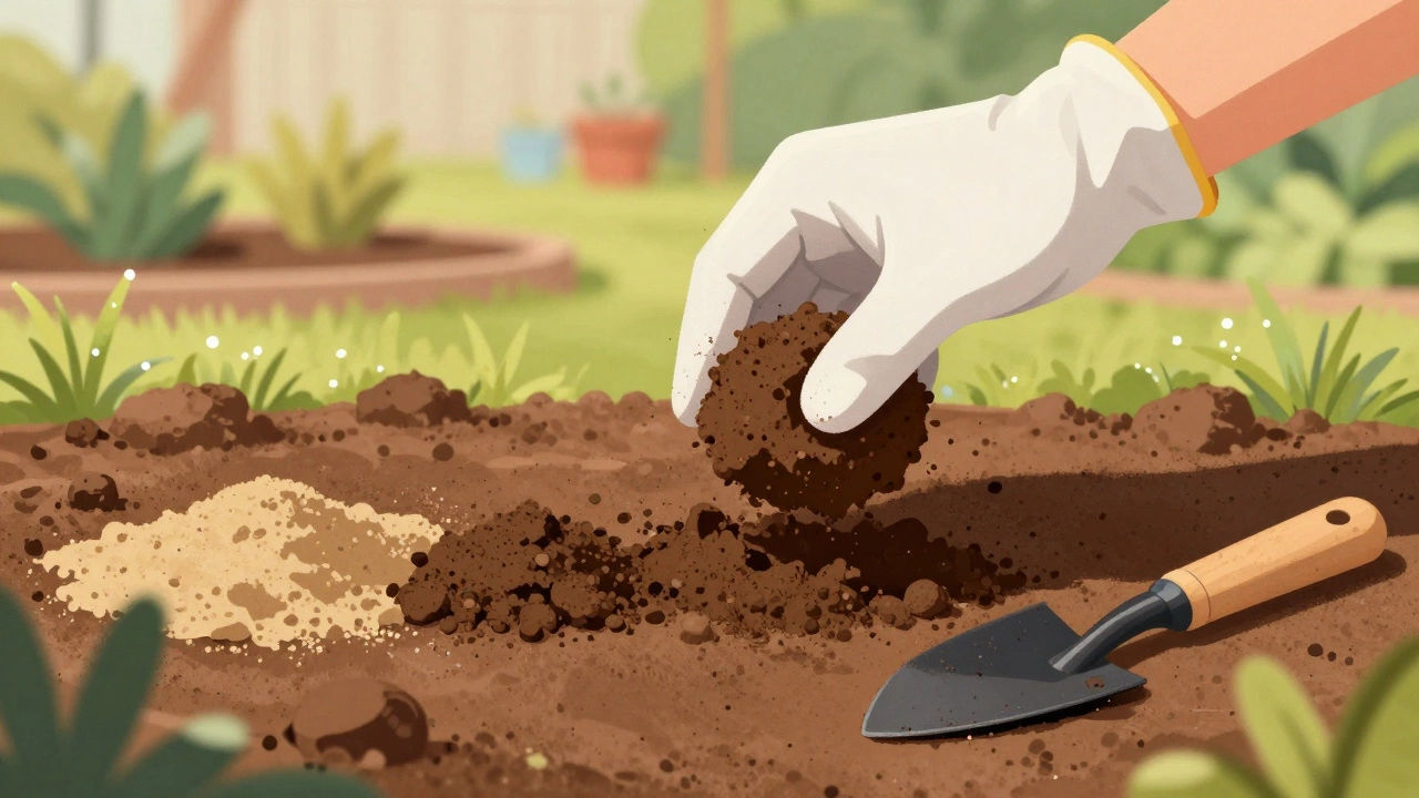Close-up of hand testing soil texture with clay, sand, and loam samples side by side.