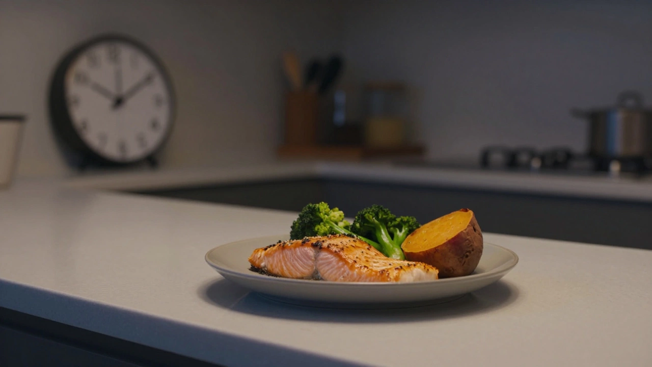 Evening dinner of baked salmon, roasted broccoli, and sweet potato on a counter at 7:30 PM.