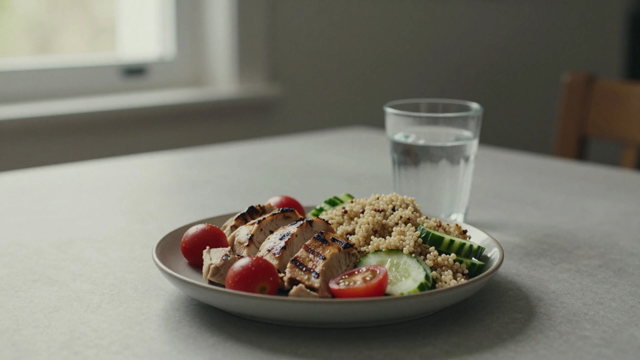 Midday lunch of grilled chicken salad with quinoa and vegetables on a ceramic plate.