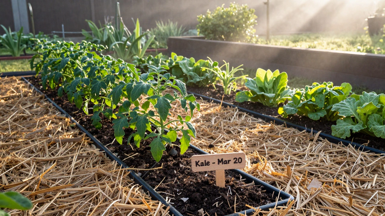 Newly mulched vegetable garden with drip irrigation and wooden plant labels in early spring.
