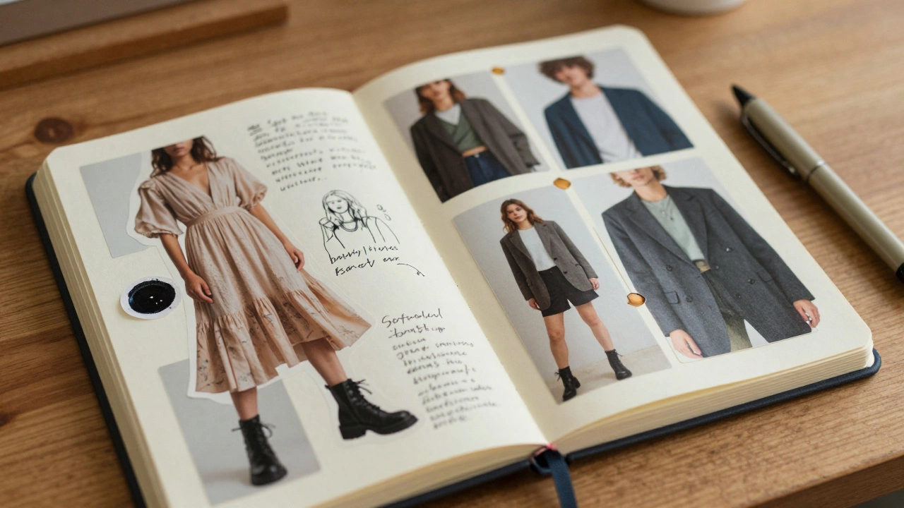 Open notebook filled with handwritten notes, magazine clippings, and clothing sketches.