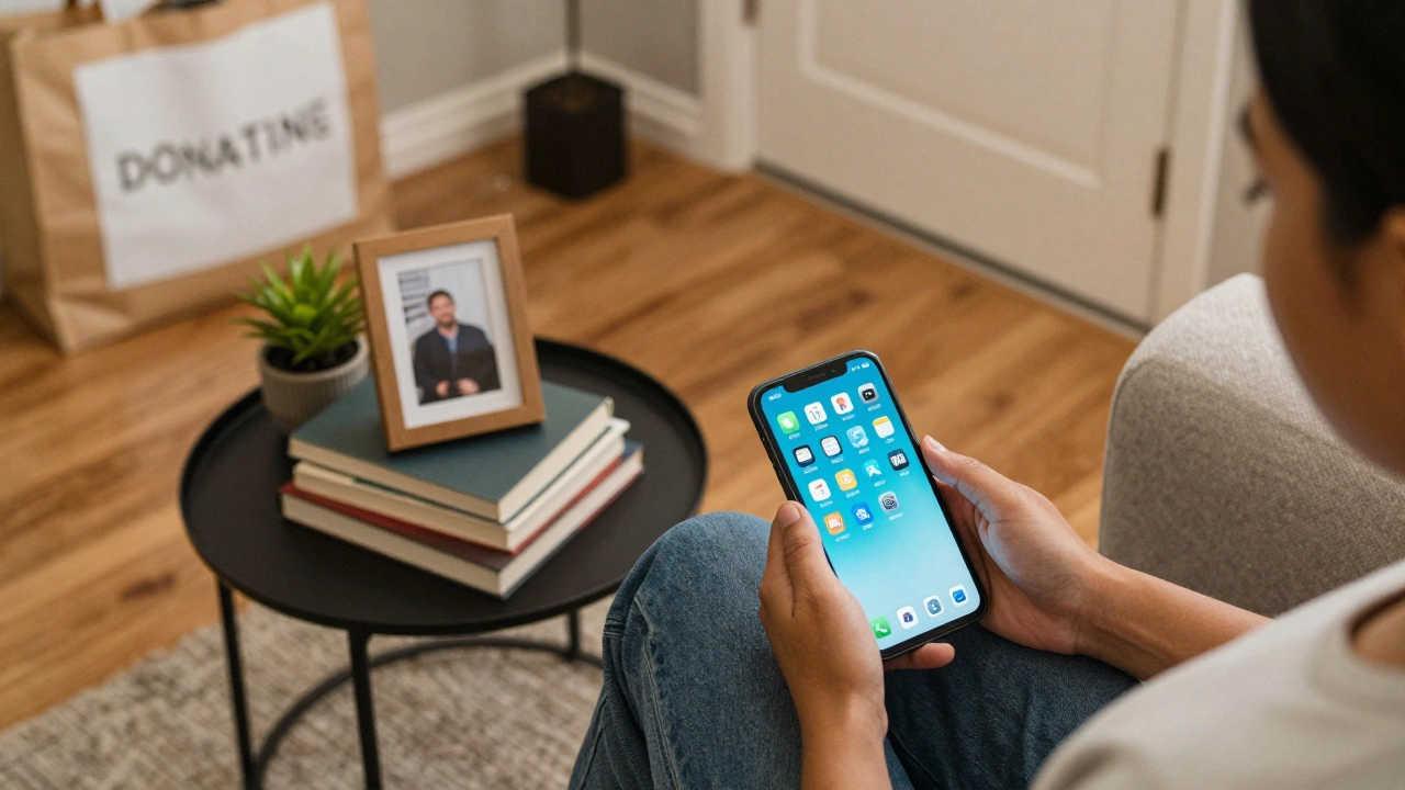 Someone deleting digital clutter on a tablet while a donation bag sits by the door.