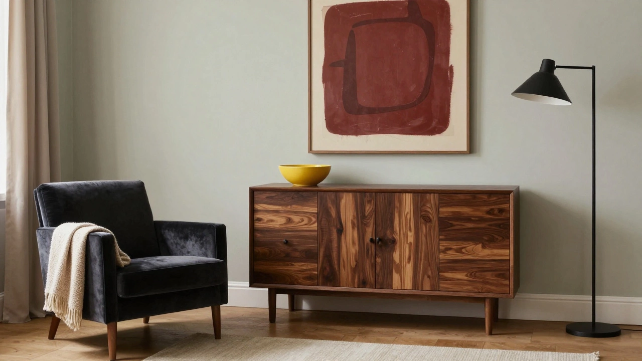 A charcoal velvet armchair with dark oak console and matte black lamp, balanced by warm lighting and textured accents.