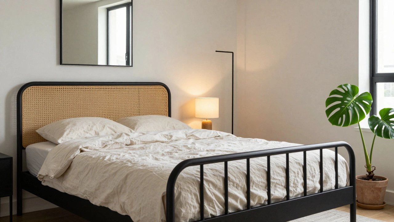 A matte black bed frame in a small apartment with cream linens, rattan headboard, and a mirror reflecting light.