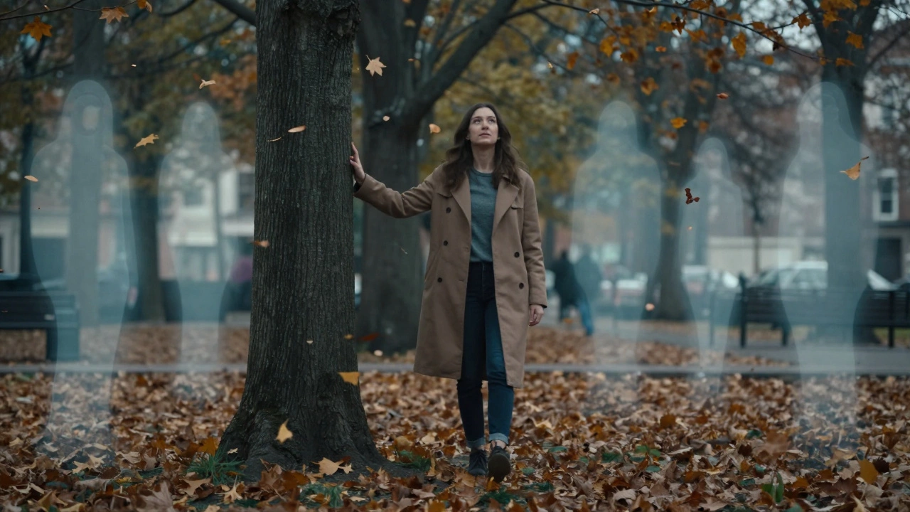 A person walking in an autumn park, pausing to connect with nature, surrounded by faint glowing symbols of the 7 C's.