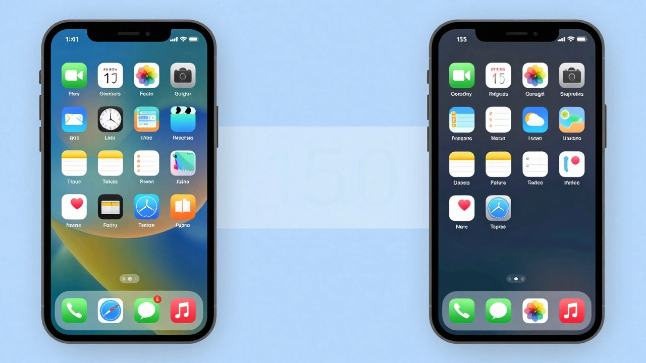 A smartphone screen transitioning from cluttered app icons to a clean, minimal layout after 15 minutes of deletion.