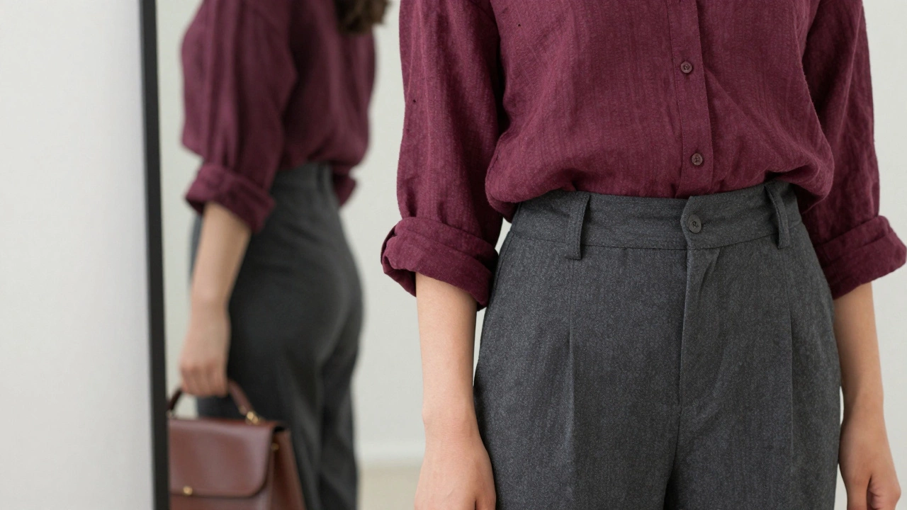 A woman in a deep plum shirt and high-waisted trousers standing before a mirror, natural light emphasizing fabric and silhouette.