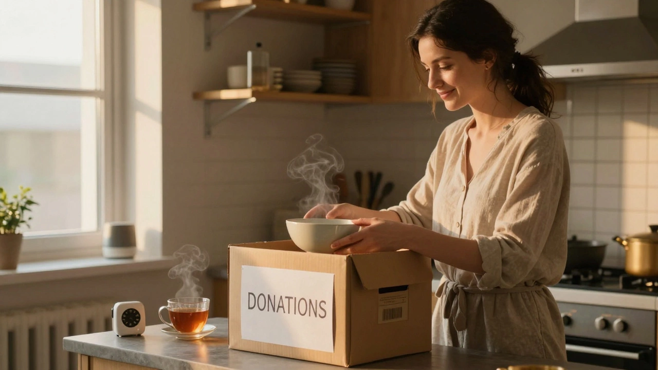A woman placing an item into a donation box in a softly lit kitchen, with a timer and tea nearby.