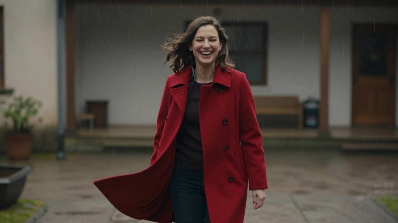 A woman stepping into a red coat, laughing as rain falls softly around her, the coat billowing with motion.