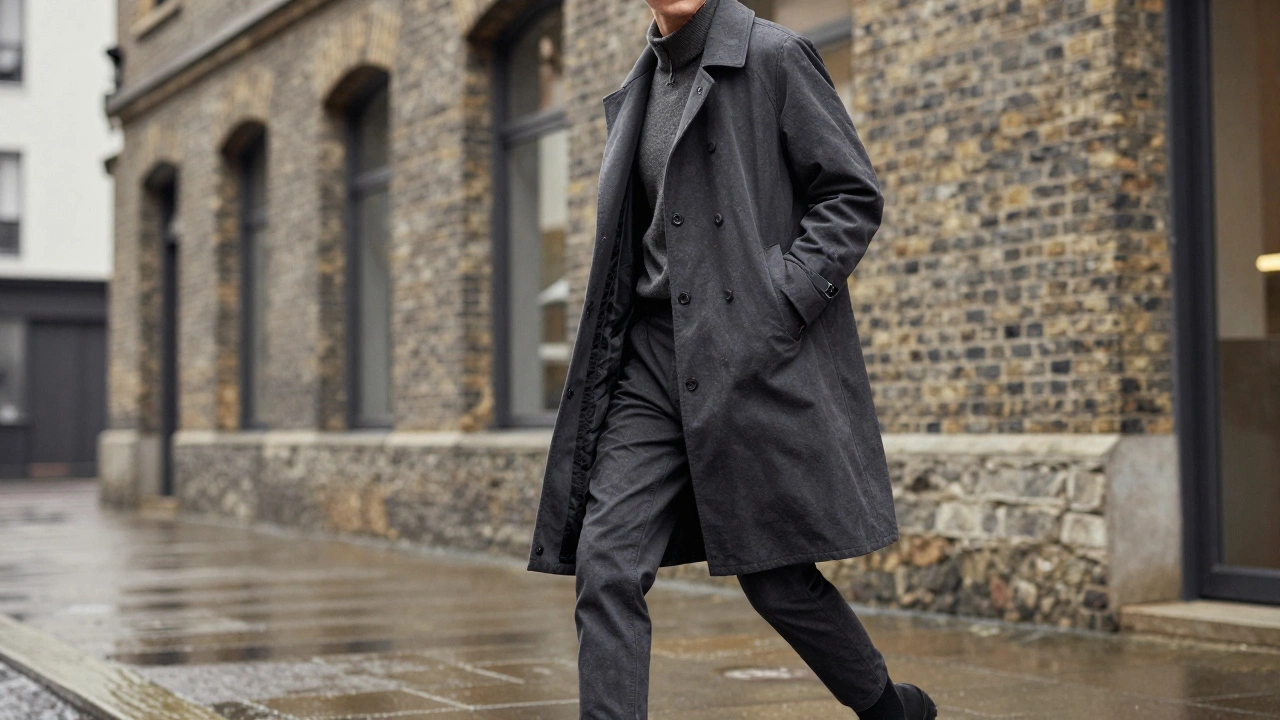 Confident woman in coordinated outfit walking on city street