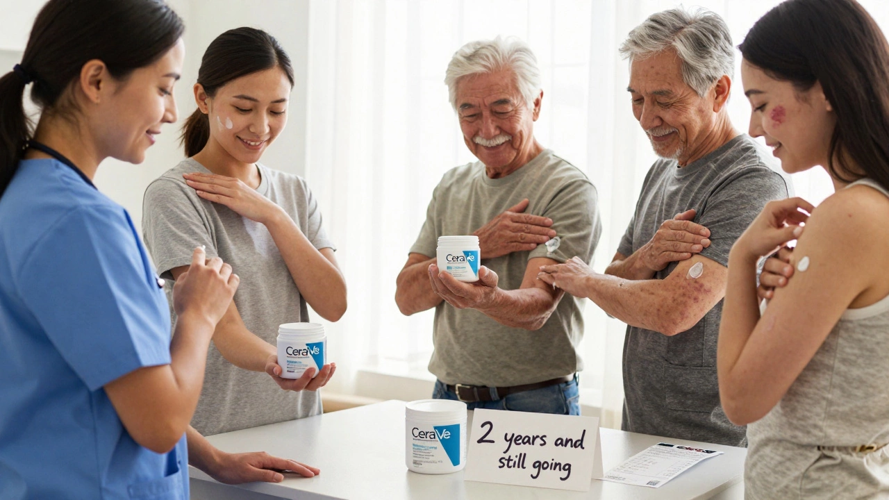 Diverse people smiling as they use CeraVe cream, with a refillable tub and CVS receipt on the counter in soft morning light.