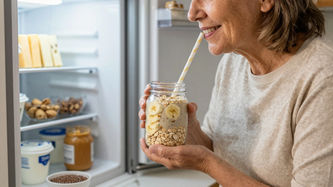 Elderly person drinking a nutrient-rich smoothie with nuts, yogurt, and cheese visible nearby.
