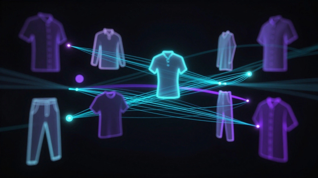 Floating clothing items linked by glowing digital data connections