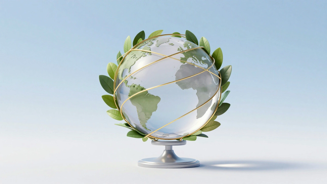 Golden thread looping around a green crystal globe.