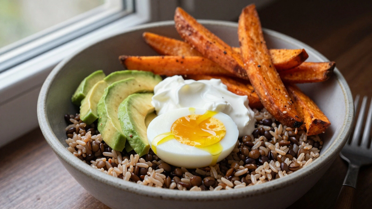 Hearty lunch bowl with brown rice, lentils, avocado, egg, and sweet potato fries.