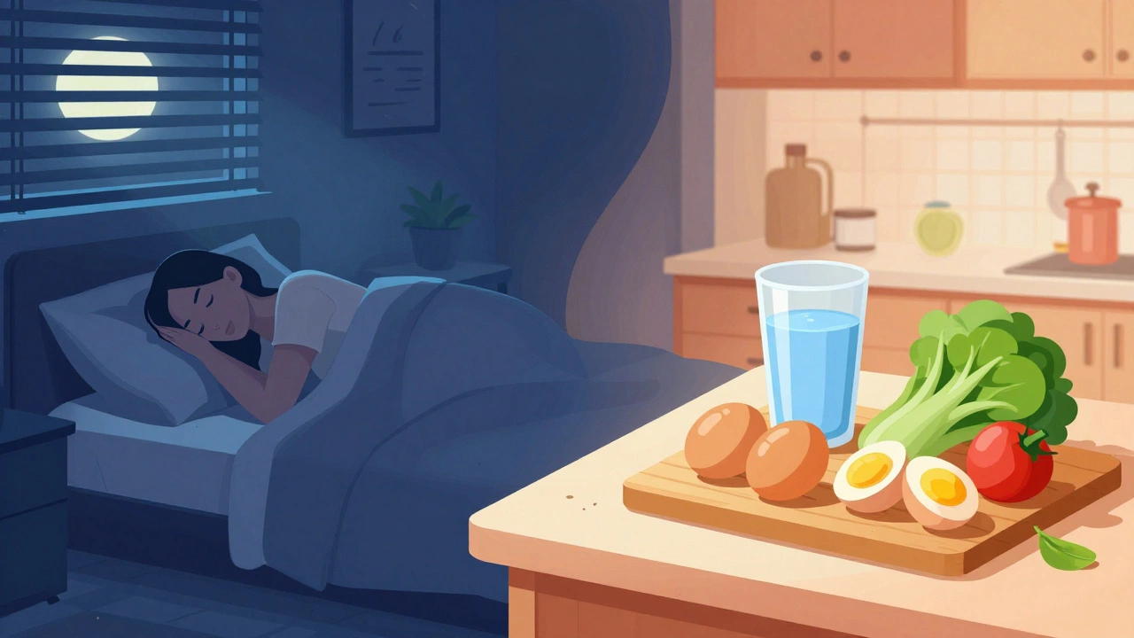 Illustration connecting healthy food and sleep for fitness recovery.