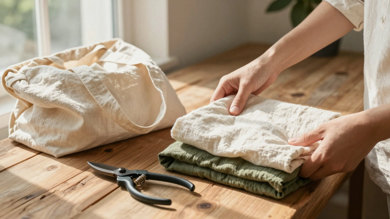 Linen clothes folded on wood with canvas tote bag.