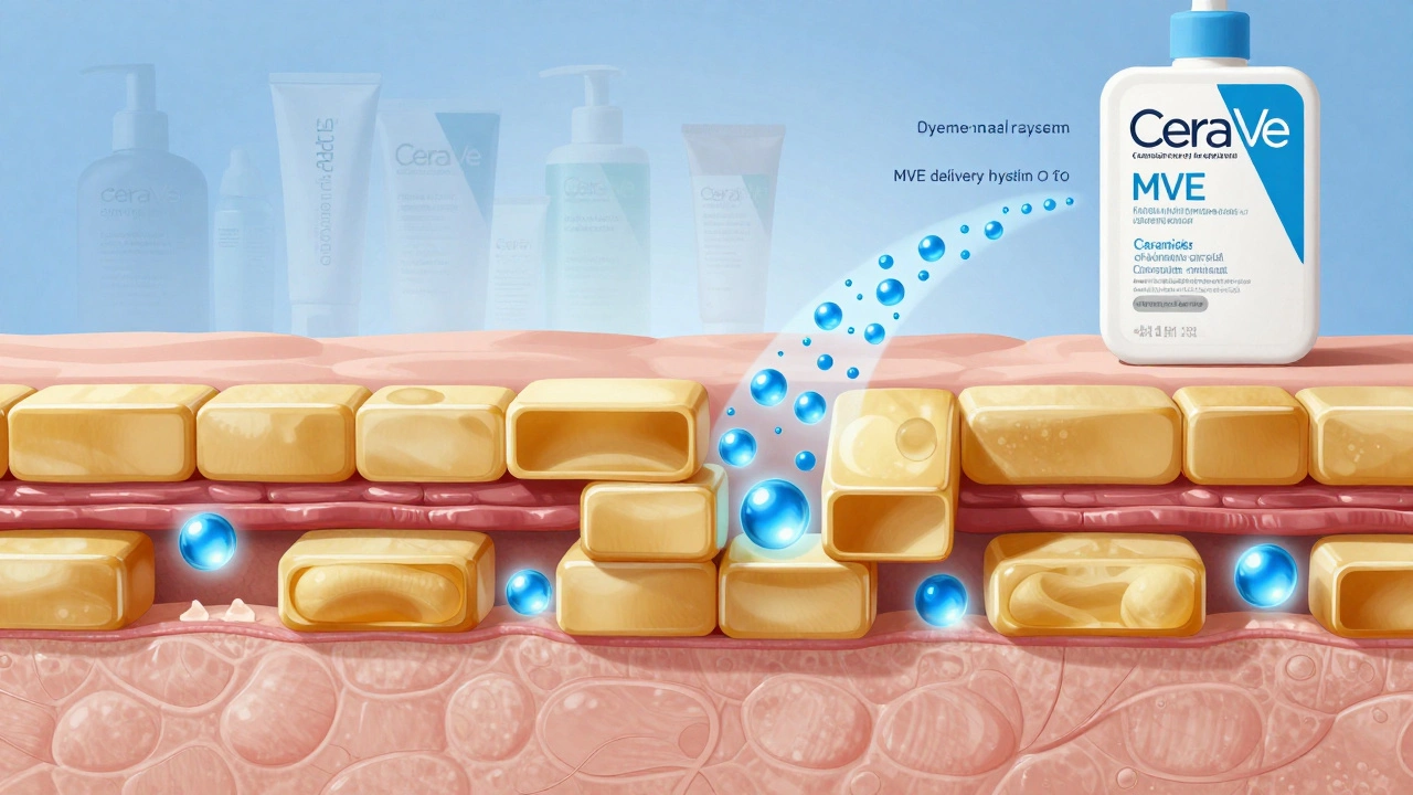 Microscopic view of skin barrier with ceramides and hyaluronic acid reinforcing lipid layers, while other brands fade into static.