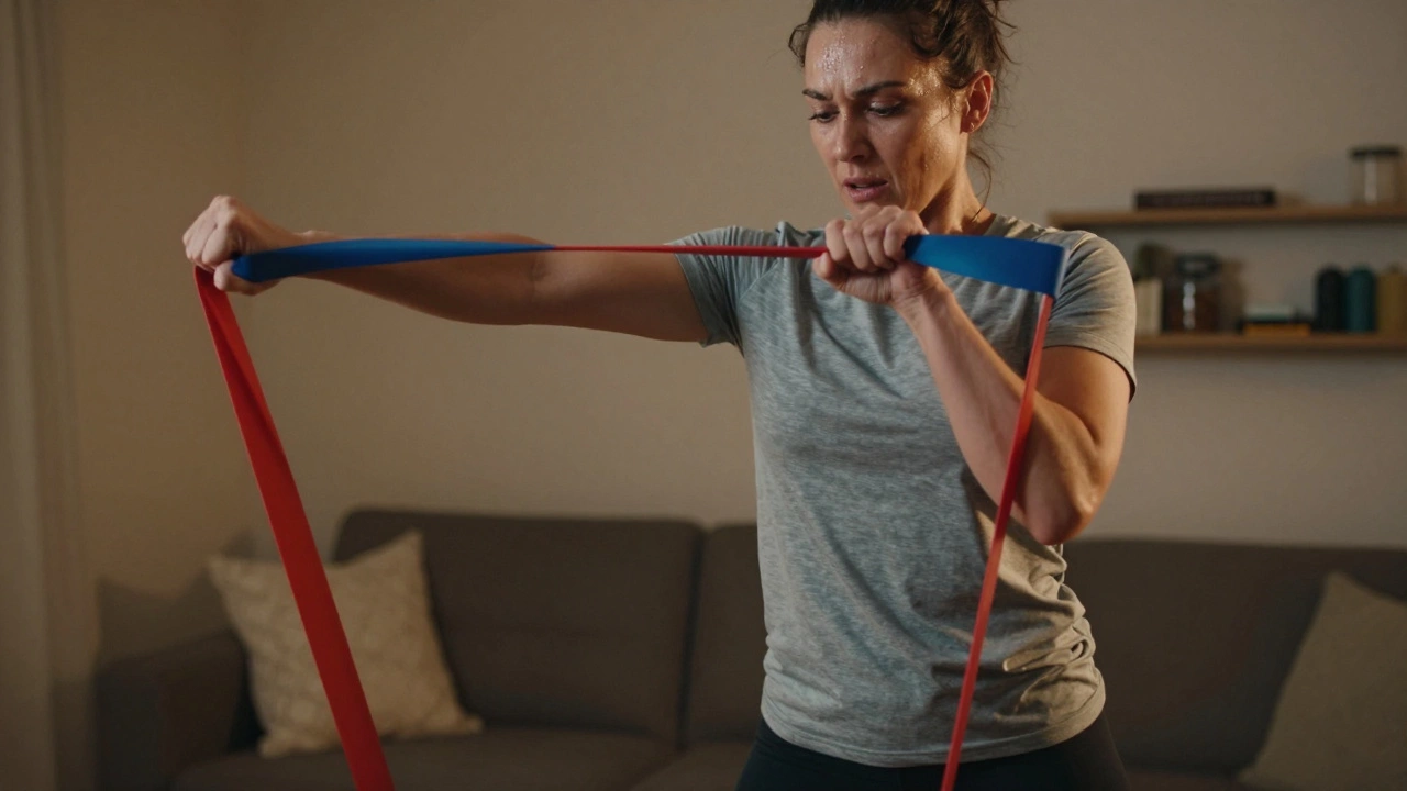 Person exercising with resistance bands in a living room setting.