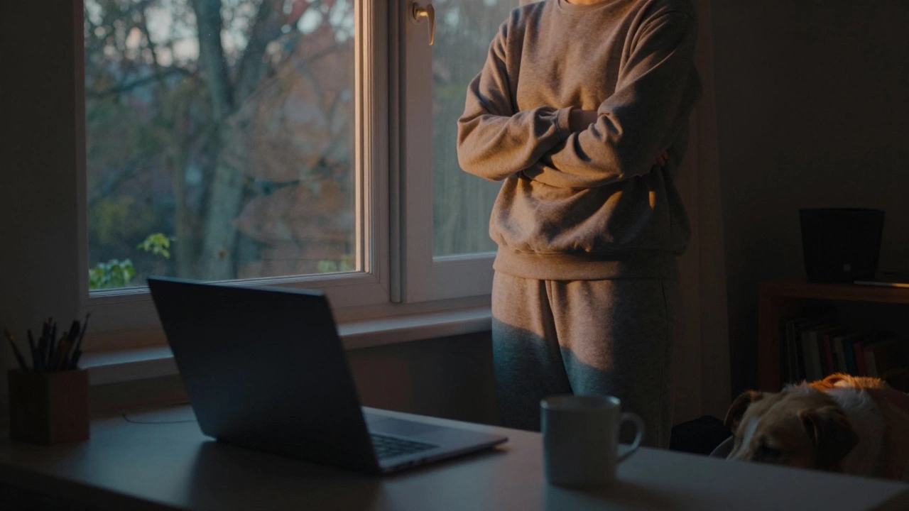 Someone watching the sunset from a window, work laptop closed and unplugged, dog resting nearby in a peaceful home setting.