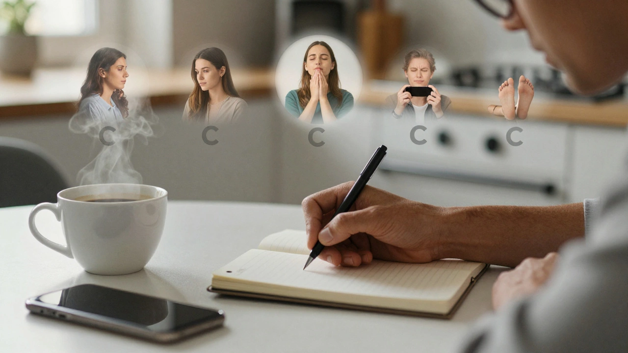 Someone writing mindfully at a kitchen table, smartphone face-down, with gentle visual representations of the 7 C's above the page.