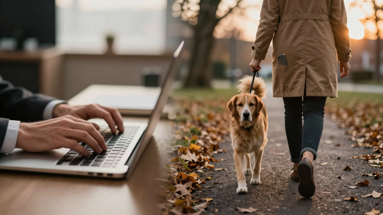 Split image: one side shows intense work activity, the other shows a calm walk with no devices — symbolizing work-life separation.