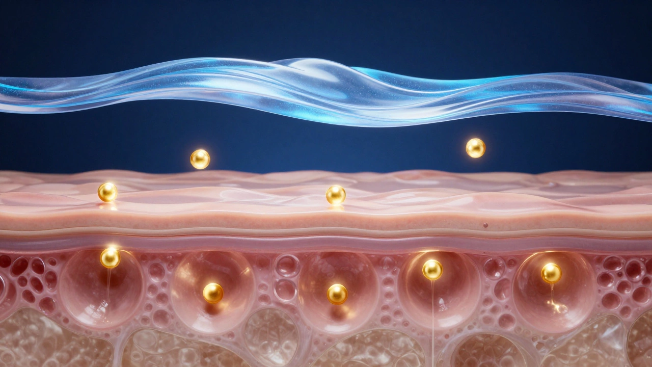 3D diagram showing small serum molecules penetrating skin beneath a protective moisturizer layer.