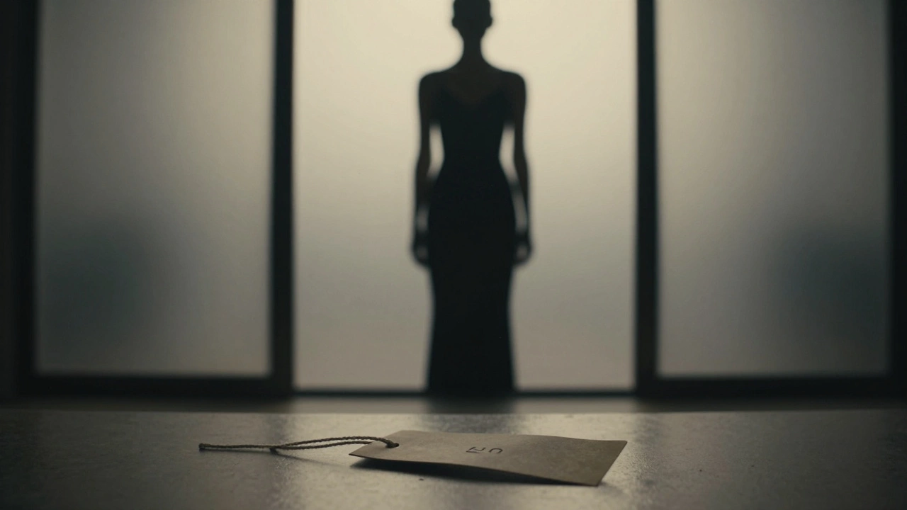 A blurred clothing tag in the foreground with a graceful woman's silhouette visible through frosted glass.