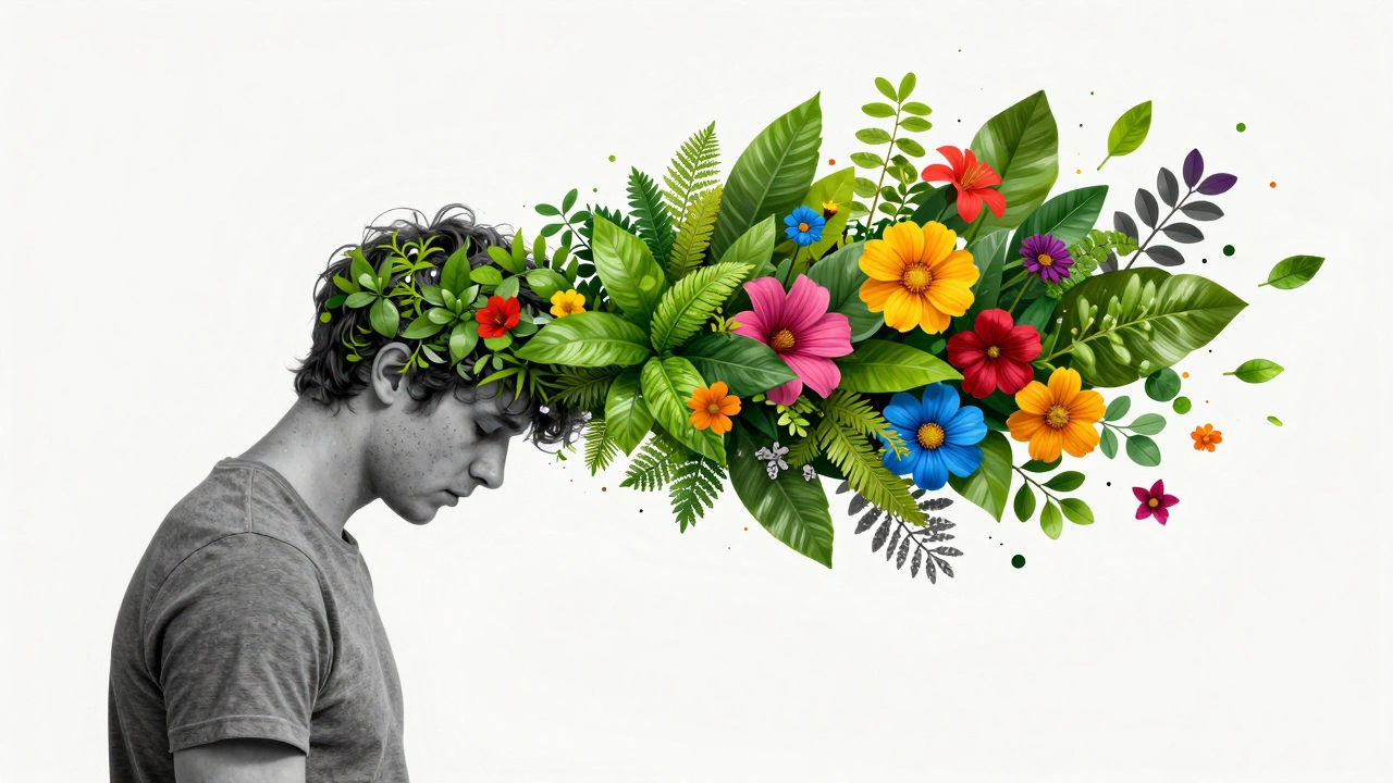 A conceptual image of a person transitioning from gray stress to colorful nature through active recovery.