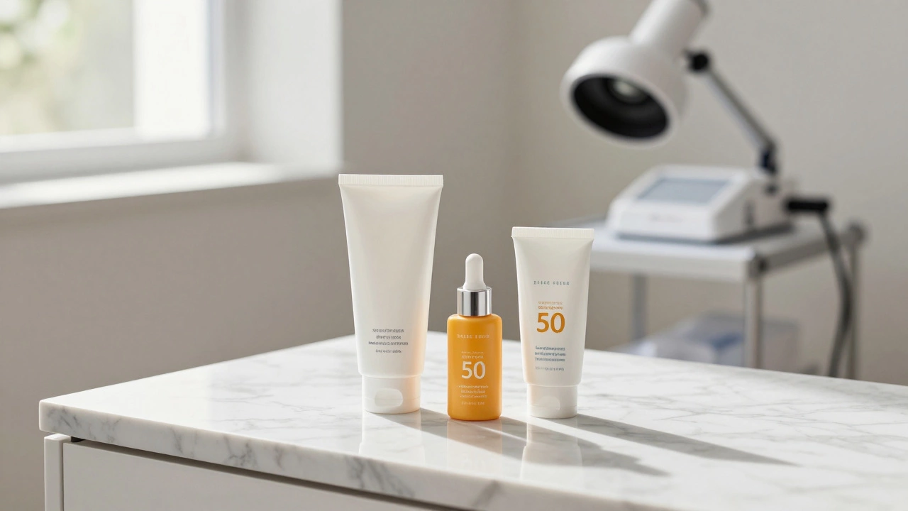 A curated medical skincare routine with cleanser, serum, and sunscreen on a marble vanity