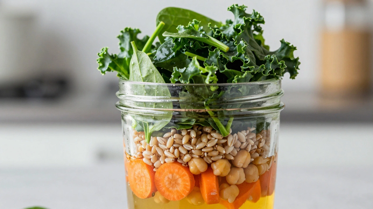 A layered mason jar salad with dressing at the bottom and fresh greens at the top