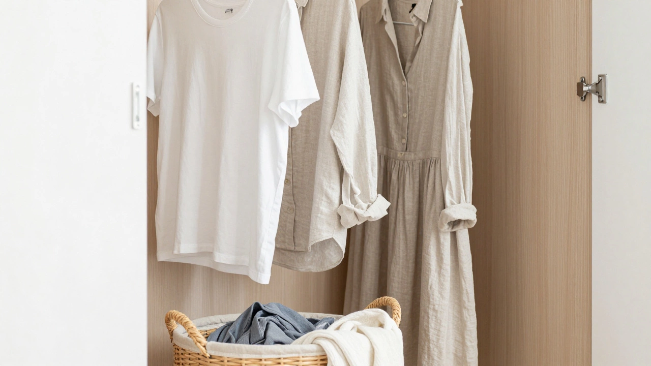 A minimalist wardrobe featuring a collection of healthy, organic, and natural fabric clothing