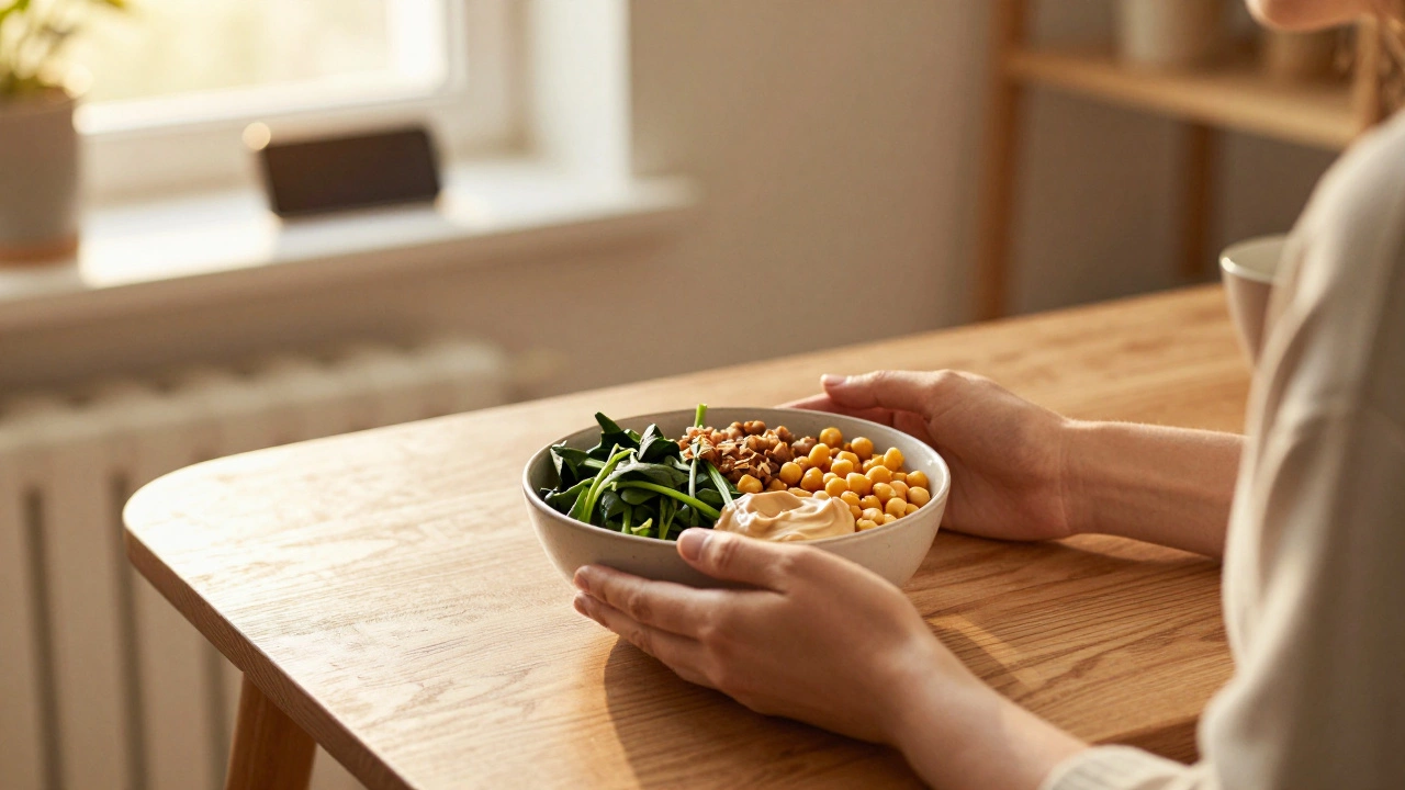 A person practicing mindful eating with a healthy power bowl in a peaceful home