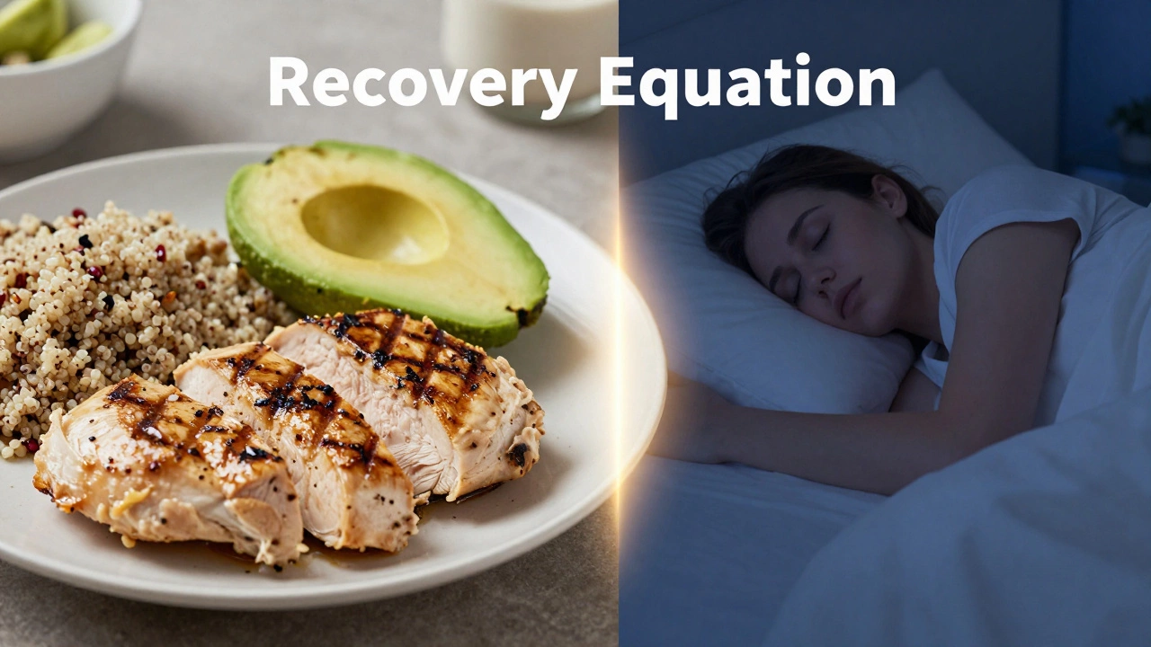 A split image showing a healthy protein meal and a person sleeping peacefully